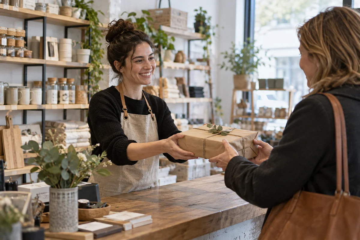 The seller hands over a neatly packaged purchase to a regular customer.