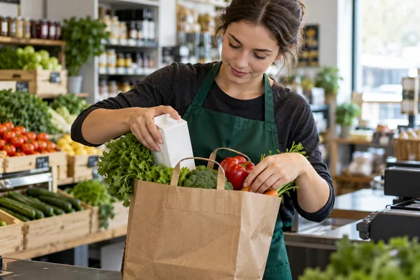 Сотрудник продуктового магазина укладывает свежие овощи в бумажный пакет для заказа